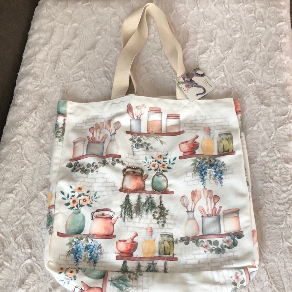 Floral Kitchen Shelf Print Canvas Tote Bag - Cream